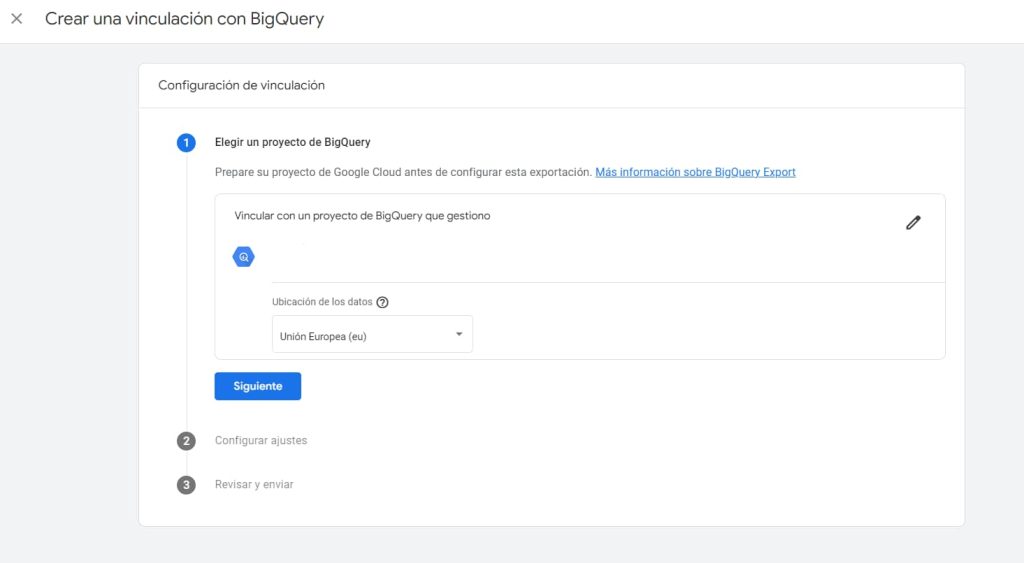 Interfaz para vincular Google Analytics 4 con BigQuery