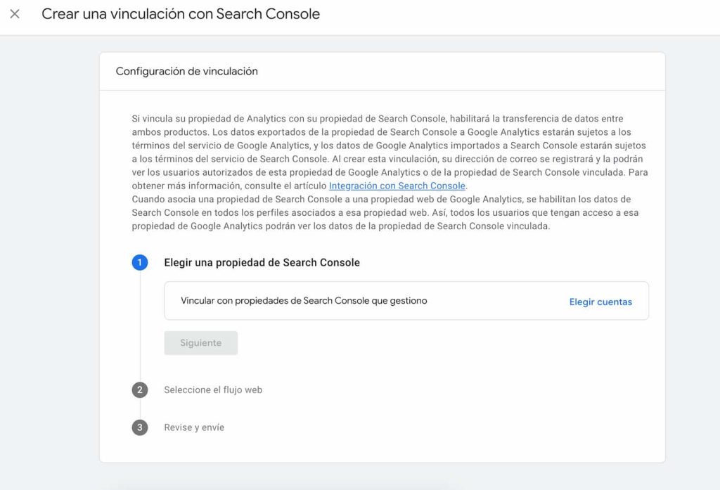 vinculacion ga4 search console Interfaz para vincular Google Analytics 4 con Search Console